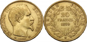 France. Napoleon III (1852-1870). 20 Francs 1859 BB, Strasbourg mint. Fried. 574; Gad. 1061. AV. 21.00 mm. VF/Good VF.