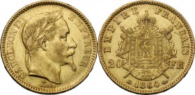 France. Napoleon III (1852-1870). 20 Francs 1864 BB, Strasbourg mint. Fried. 585; Gad. 1062. AV. 21.00 mm. VF.