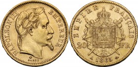 France. Napoleon III (1852-1870). 20 Francs 1865 A, Paris mint. Fried. 584; Gad. 1062. AV. 21.00 mm. Good VF.