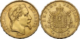 France. Napoleon III (1852-1870). 20 Francs 1868 BB, Strasbourg mint. Fried. 585; Gad. 1062. AV. 21.00 mm. About EF.