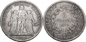 France. Third republic (1870-1940). AR 5 Francs 1873 K, Bordeaux mint. Gad. 745a. AR. 37.00 mm. Scratches VF.