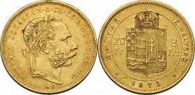 Hungary. Franz Joseph (1848-1916). AV 8 Florins or 20 Francs 1873 KB, Kremnitz mint. Fried. 242; Huszar 2115. AV. 21.00 mm. Minor bump on edge VF.