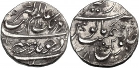 India, Mughal Empire. Aurangzeb Alamgir (AH 1068-1118/ AD 1658-1707). Rupee, Surat, AH 1106/RY [3]8 (1695). Name and titles in Persian. / Julus formul...
