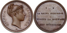 France. Hortense de Beauharnais (1783-1837). AE Medal 1808 for the visit to the Mint [Monnaie]. Bust right. / Legend on four lines. Bramsen 769. Juliu...