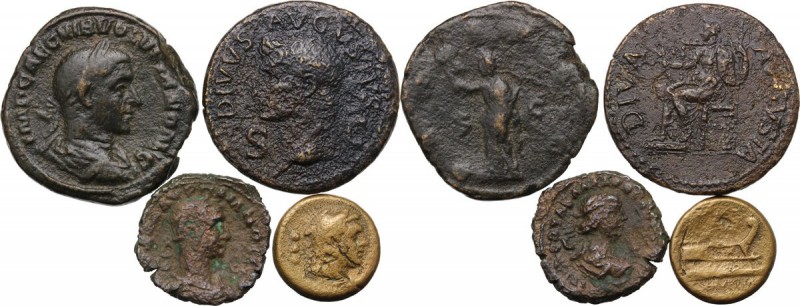 Lot of four (4) AE coins: C. Servilius M.f. Quadrans, Augustus Dupondius, Aureli...