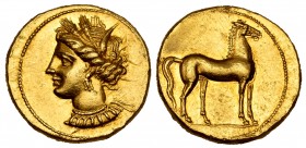 Zeugitania. Carthage. Stater. 350-320 BC. (Jenkins & Lewis Group IIIh, 93). Anv.: Head of Tanit left, wearing wreath of grain ears, triple-pendant ear...