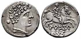 Arekoratas. Denarius. 150-20 BC. Agreda (Soria). (Abh-110). (Acip-1760). Anv.: Male head to right, behind globule. Rev.: Rider with lance to the right...