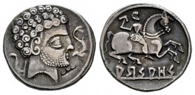 Arsaos. Denarius. 120-80 BC. Area of Navarra. (Abh-139). (Acip-1655). (C-14). Anv.: Male head right; dolphin before, plow behind. Rev.: Horseman gallo...