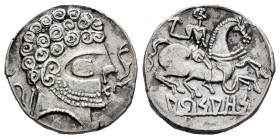 Arsaos. Denarius. 120-80 BC. Area of Navarra. (Abh-139). (Acip-1656 var). Anv.: Male head right behind plow, before dolphin. Rev.: Horseman with dart ...