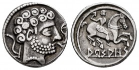 Arsaos. Denarius. 120-80 BC. Area of Navarra. (Abh-139). (Acip-1659 var). Anv.: Male head to right with two-level hairstyle, back plow, before dolphin...