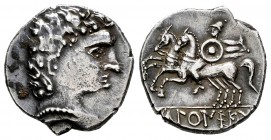 Ikalkusken. Denarius. 120-20 BC. Cuenca. (Abh-1402). (Acip-2084). (C-12). Anv.: Male head to right. Rev.: Horseman with a wheel and on the left hand c...
