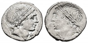 Memmius. L. Memmius. Incuse denarius. 109-108 BC. Southeast Italy. (Ffc-906). (Craw-304/1). (Cal-980). Anv.: Laureate male head right, wearing oak-wre...