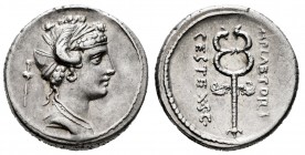 Plaetorius. M. Plaetorius M.f. Cestianus. Denarius. 69 BC. Rome. (Ffc-975). (Craw-405/3b). (Cal-1108). Anv.: Female bust draped right, hair in a bag o...