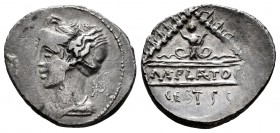 Plaetorius. M. Plaetorius M.f. Cestianus. Denarius. 69 BC. Rome. (Ffc-984). (Craw-405/1b). (Cal-1115). Anv.: Female bust Ieft, back hair confined in b...