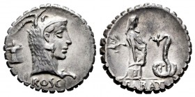 Roscius. L. Roscius. Denarius. 62 BC. Central Italy. (Ffc-1090). (Craw-412/1 symbol unlisted). (Cal-1231). Anv.: L. ROSCI. below the head of Juno Sosp...