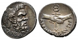Vibius. C. Vibius Pansa y D. Postumius Albinus Bruti. Denarius. 48 BC. Rome. (Ffc-1224). (Craw-451/1). (Cal-1374a). Anv.: C. PANSA. below mask of Pan ...
