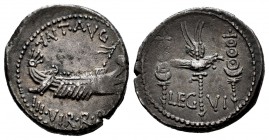 Mark Antony. Denarius. 32-31 BC. Mint moving. (Ffc-37). (Craw-544/19). (Cal-184). Anv.: ANT. AVG. III. VIR. R.P.C. praetorian galley right. Rev.: LEG....
