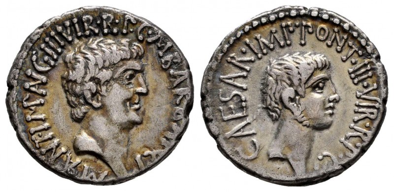 Mark Antony and Octavian. M. Barbatius Pollio, quaestor pro praetore. Denarius. ...