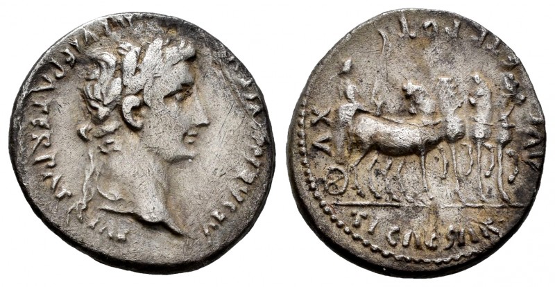 Augustus. Denarius. 13-14 AD. Lugdunum. (Ffc-219). (Ric-224). (Cal-857a). Anv.: ...