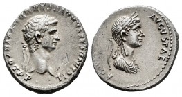 Claudius and Agrippina. Denarius. 50-51 AD. Lugdunum. (Ric-81). (Spink-1886). Anv.: TI CLAVD CAESAR AVG GERM P M TRIB POT P P Laureate head of Claudiu...
