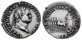 Titus. Denarius. 79 AD. Rome. (Ric-8). Anv.: IMP TITVS CAES VESPASIAN AVG P M, laureate head right. Rev.: TR P VIIII IMP XV COS VII P P. slow quadriga...