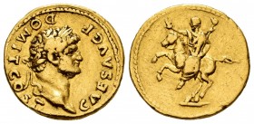 Domitian. Aureus. 73 AD. Rome. (Spink-2627). (Ric-232). (Cal-812). Anv.: CAES AVG F DOMIT COS II. Laureate bust right. Rev.: Anepigraphe. Domitian gal...