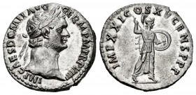 Domitian. Denarius. 91 AD. Rome. (Ric-724). Anv.: IMP CAES DOMIT AVG GERM P M TR P XI, laureate head right. Rev.: IMP XXI COS XV [CE]NS P P P, Minerva...