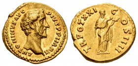 Antoninus Pius. Aureus. 157-158 AD. Rome. (Ric-279a). (Cal-1683). Anv.: ANTONINVS AVG PIVS P P IMP II. Laureate head right. Rev.: TR POT XXI COS IIII....