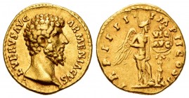 Lucius Verus. Aureus. 163-164 AD. Rome. (Ric-522). (Ch-248). (Cal-2174). Anv.: L VERVS AVG ARMENIACVS. Bare head to right. Rev.: TR P IIII IMP II COS ...