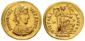 Honorius. Solidus. 394-395 AD. Mediolanum. (RIC IX 35c = RIC X 1206a). Anv.: D N HONORIVS P F AVG. Rev.: VICTORIA AVGGG / M-D / CONOB. Au. 4,45 g. Alm...