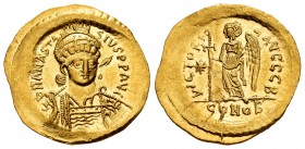 Anastasius. Sólido. 491-518 AD. Constantinople. (S-5). (Ratto-321). Rev.: VICTORIA AVGGG B / CONOB. Victory standing left with long cross, star in the...