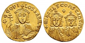 Theophilus, with Michael II and Constantine. Solidus. 830/1-840 AD. Constantinople. (Sear-1653). Anv.: ✷ ΘЄOFILOS ЬASILЄ. Crowned and draped facing bu...