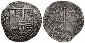 Philip II (1556-1598). 8 reales. Potosí. A. (Cal-673). Ag. 26,77 g. Shield of Aragon on reverse. Arms from Flandes and Tirol exchanged. Rare. Choice V...