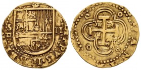 Philip II (1556-1598). 2 escudos. Sevilla. (Cal-828). (Tauler-31). Au. 6,71 g. S and square "d" assayer to the left, value II to the right. With the k...