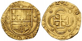 Philip II (1556-1598). 4 escudos. Sevilla. P. (Cal 2019-887). (Tauler-11). Au. 13,49 g. Shield between S - IIII. King´s name and numeral visible. Scar...