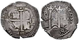 Philip IV (1621-1665). 8 reales. 1658. Potosí. E. (Cal-1520). Ag. 26,71 g. King´s ordinal IIII visible. Double date. Triple assayer. Scarce. VF. Est.....