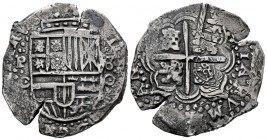 Philip IV (1621-1665). 8 reales. Potosí. O. (Cal-tipo 321). Ag. 25,96 g. Recovered from: "La Capitana", sunk in 1654 off Chanduy, Ecuador. Date not vi...