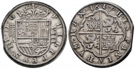 Philip III (1598-1621). 8 reales. 1617. Segovia. A. (Cal-948). Ag. 26,25 g. Aqueduct with two rows of ive arches. End of planchet. Rare. Choice VF. Es...