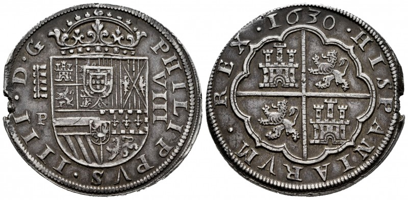 Philip IV (1621-1665). 8 reales. 1630. Segovia. P. (Cal-1588). Ag. 26,90 g. Aque...