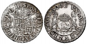 Philip V (1700-1746). 2 reales. 1736. México. MF. (Cal-815). Ag. 6,80 g. Hairlines. Scarce in this grade. Almost XF/XF. Est...250,00. 

SPANISH DESCRI...