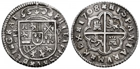 Philip V (1700-1746). 2 reales. 1708. Valencia. F. (Cal-1001). Ag. 6,03 g. Very rare in this condition. AU. Est...500,00. 

SPANISH DESCRIPTION: Felip...
