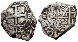 Philip V (1700-1746). 8 reales. 1733. Potosí. E. (Cal-1568 var). (Cy-9372). Ag. 24,17 g. Triple date. Triple assayer. Inverted assayer´s mark. Very ra...