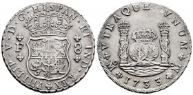 Philip V (1700-1746). 8 reales. 1733. México. F. (Cal-1438). Ag. 25,89 g. Slight surface rust. A good sample. Of the highest rarity. Almost XF. Est......