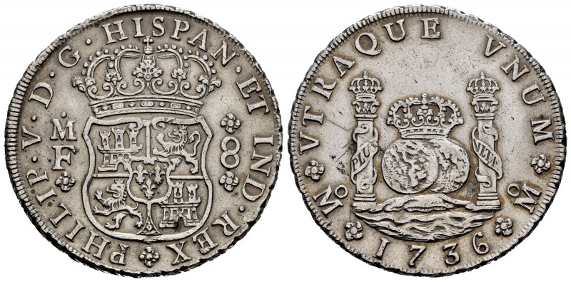 Philip V (1700-1746). 8 reales. 1736. México. MF. (Cal-1445). Ag. 26,75 g. Clean...