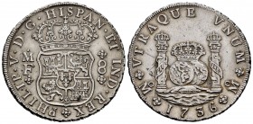 Philip V (1700-1746). 8 reales. 1736. México. MF. (Cal-1445). Ag. 26,75 g. Cleaned. Scratches on reverse. Almost XF. Est...250,00. 

SPANISH DESCRIPTI...