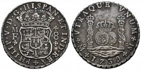 Philip V (1700-1746). 8 reales. 1739. México. MF. (Cal-1453). Ag. 26,83 g. Tone. Choice VF. Est...300,00. 

SPANISH DESCRIPTION: Felipe V (1700-1746)....