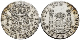 Philip V (1700-1746). 8 reales. 1742. México. MF. (Cal-1461). Ag. 26,72 g. Minor hairlines on reverse. Est...320,00. 

SPANISH DESCRIPTION: Felipe V (...