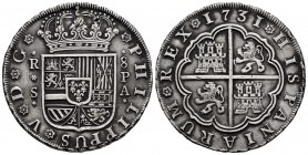 Philip V (1700-1746). 8 reales. 1731. Sevilla. PA. (Cal-1623). Ag. 26,81 g. Traces of welding on obverse. Very scarce. Choice VF. Est...700,00. 

SPAN...