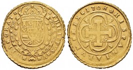 Philip V (1700-1746). 8 escudos. 1704. Sevilla. (Cal-162). (Cal onza-476). Au. 26,96 g. "Cross" type. Minor nick on edge. Rare. VF/Choice VF. Est...30...
