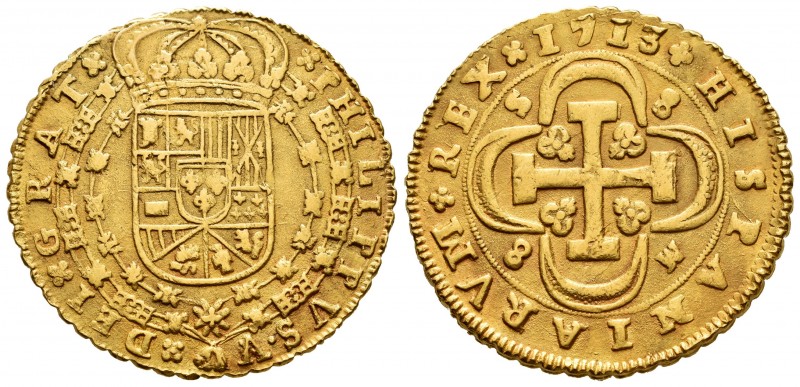 Philip V (1700-1746). 8 escudos. 1713. Sevilla. M. (Cal-2282). (Cal onza-498). A...